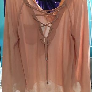 Light pink lace up back oversized blouse